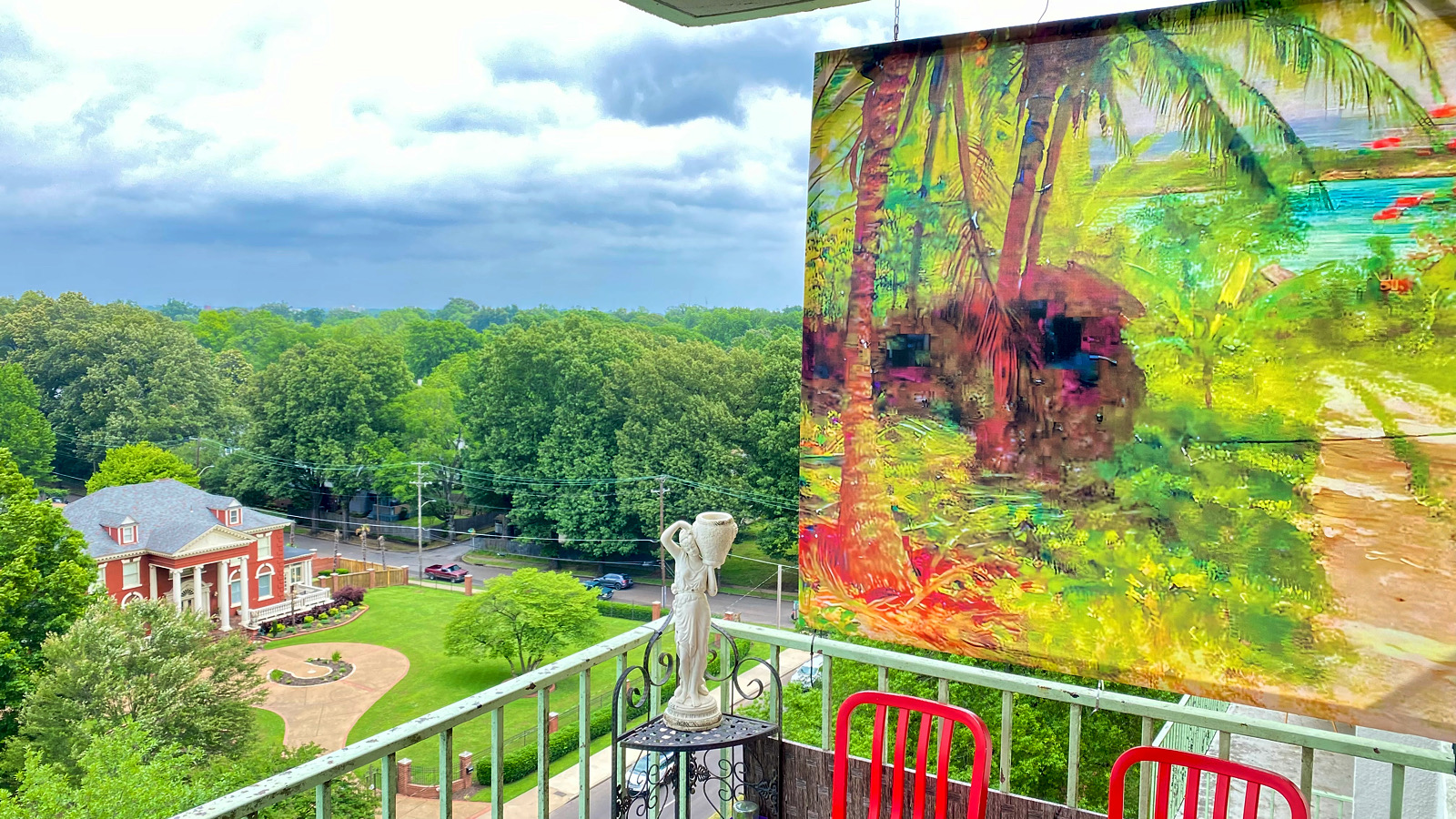 Central Gardens Balcony Mural Overlooking Historic Red Brick Mansion & Dogwood Canopy