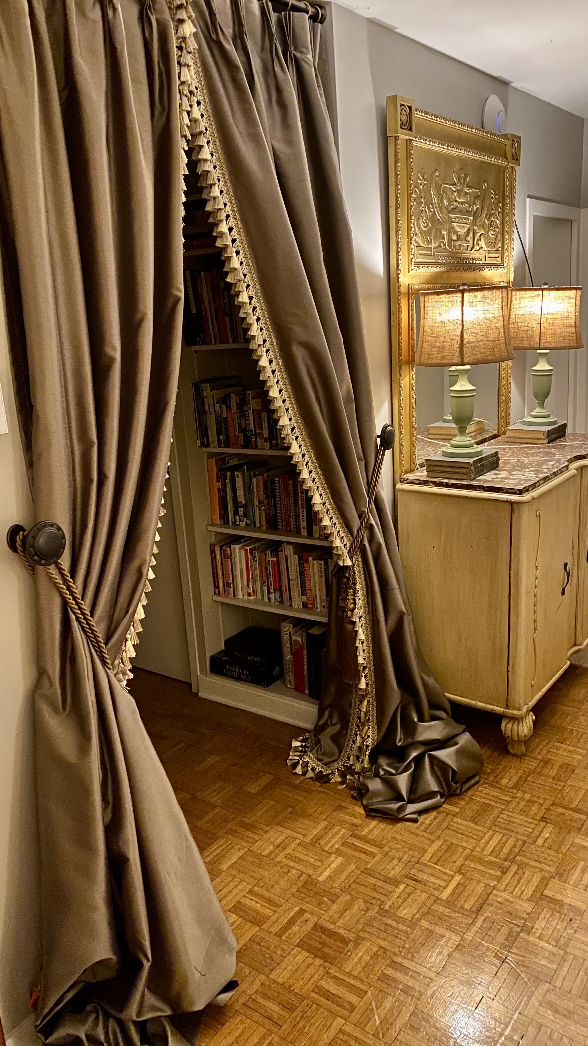 Central Gardens Entrance Foyer: Chocolate Silk Portière Drapes with Bullion Fringe & Gilded Mirror