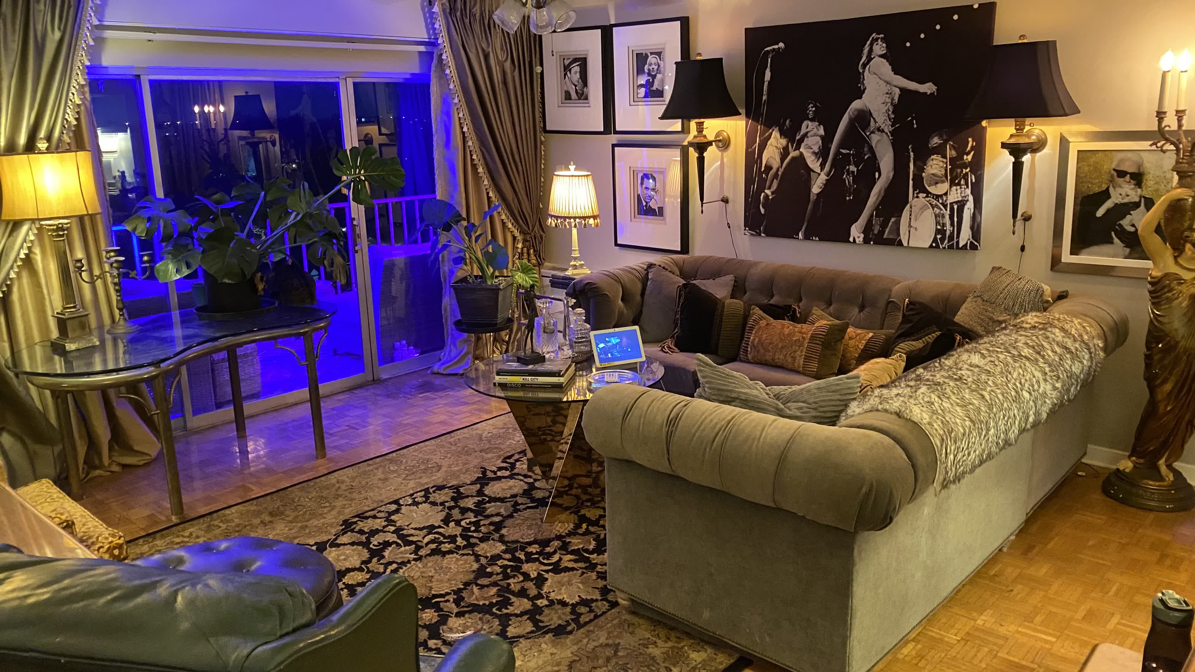Central Gardens Evening Salon Glow with Cobalt Blue Balcony Accent Lighting