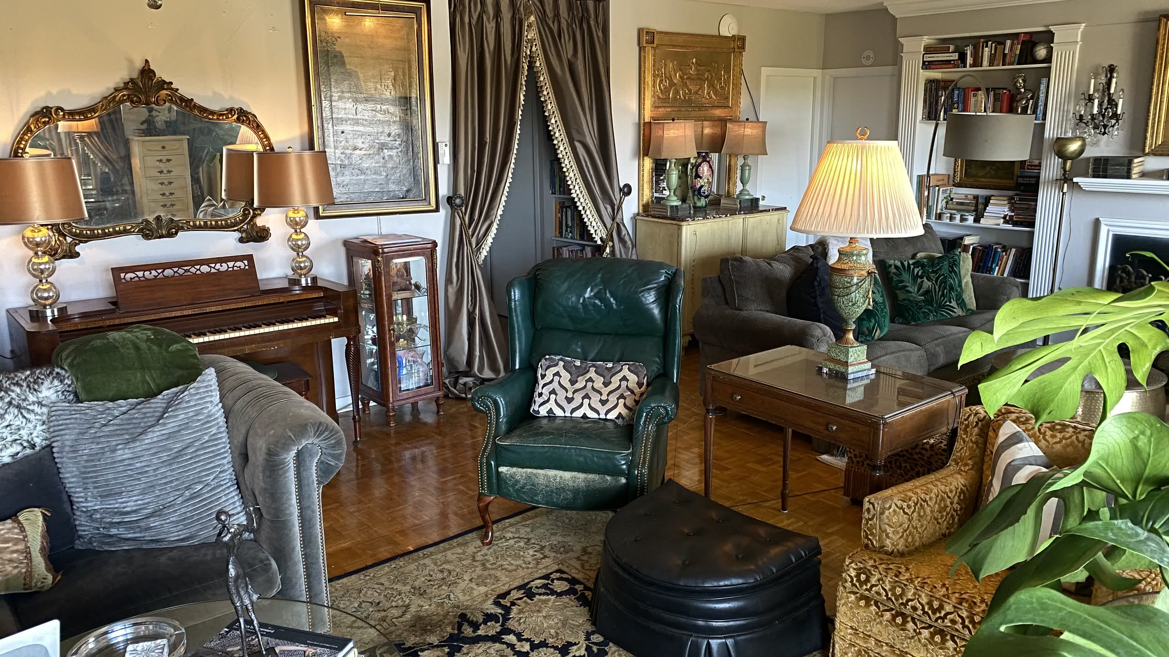 Central Gardens Upright Piano, Mercury Glass Lamps, Gilded Mirror & Green Leather Wingback