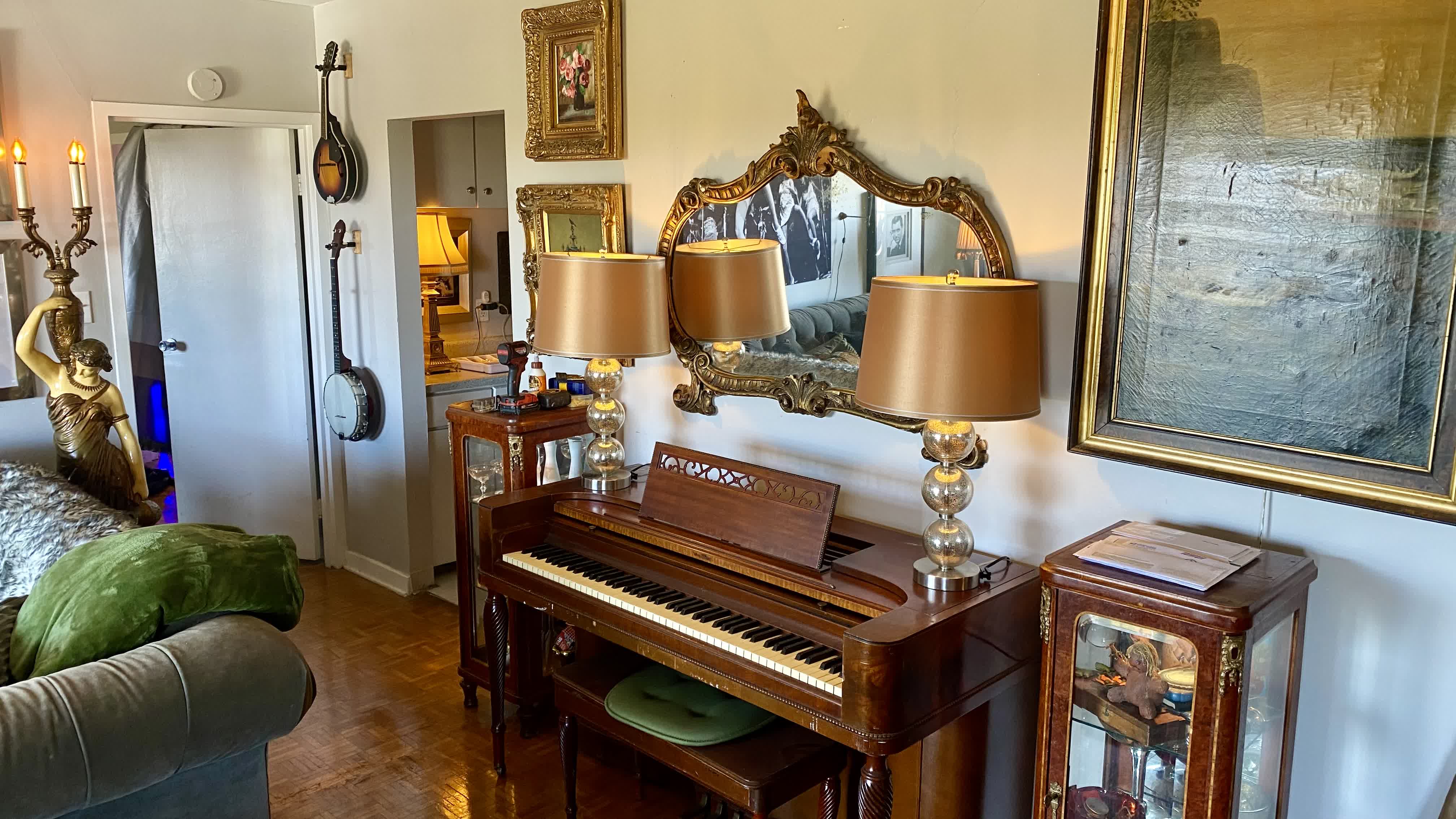 Central Gardens Piano Close-up: Banjo, Mandolin, Filigree Music Stand & Gilded Frame Art