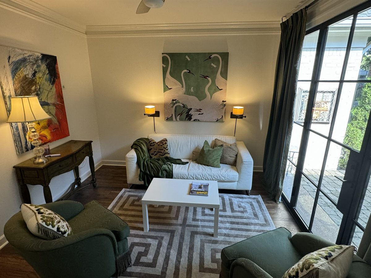 Southwind Garden Den After: Custom Iron French Doors, Moiré Chairs with Bullion Fringe & Green Herons Print