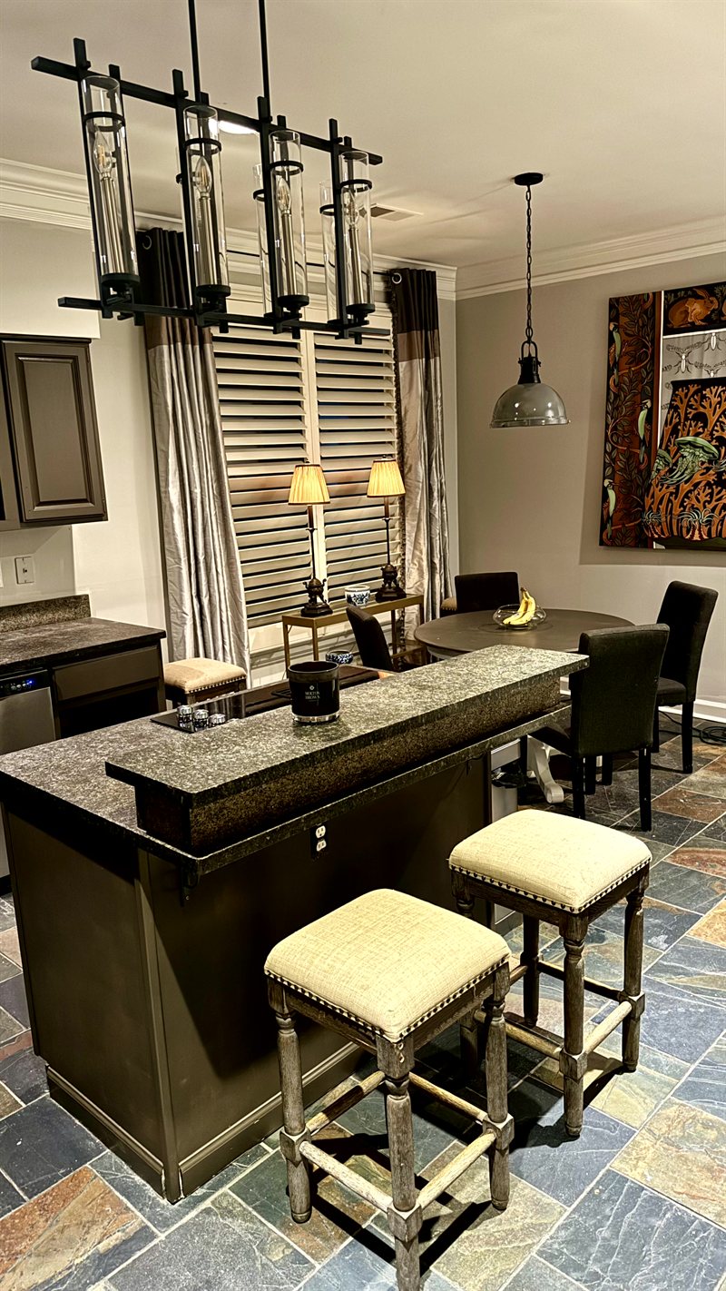 Southwind Kitchen Island, Architectural Chandelier & Botanical Mural