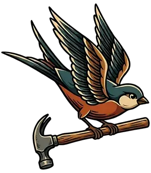 Swallow mascot with hammer