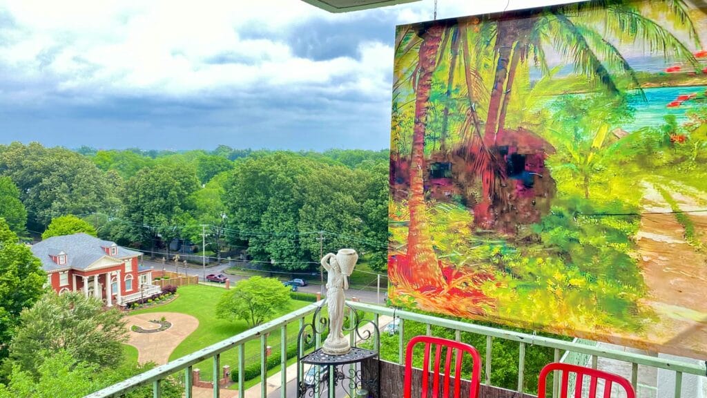 Central Gardens Penthouse Interior Design | Memphis Designer 3 Custom artwork installation on a historic penthouse balcony curated by a Memphis interior designer.