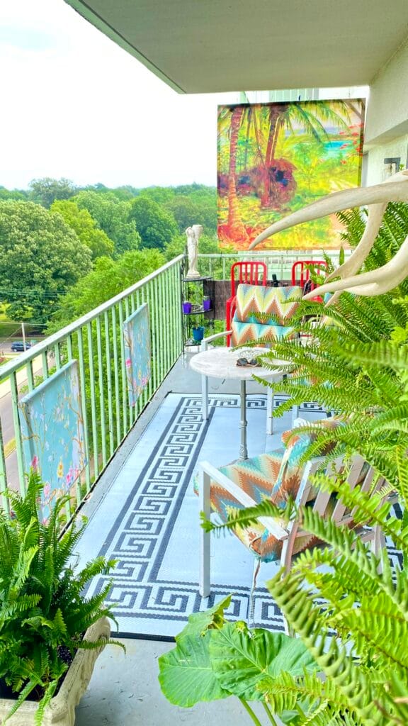 Central Gardens Penthouse Interior Design | Memphis Designer 8 Urban balcony landscaping and outdoor furniture flow design by Home Revival in Memphis TN.