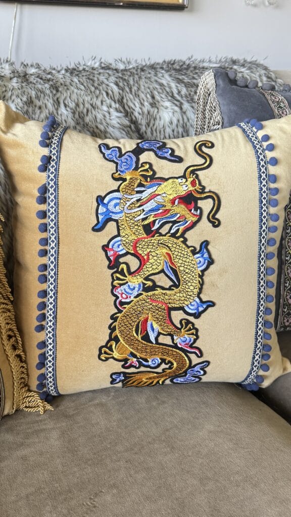 Amazing Custom-Designed Pillows 17 Intricate Japanese-inspired embroidered dragon motif on a custom statement pillow.