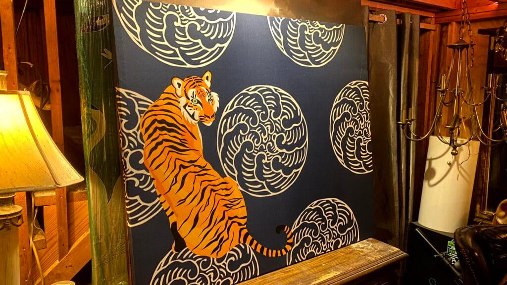 Custom designed large-format fabric art panel featuring a hand-painted tiger mandala motif created in a Memphis studio.