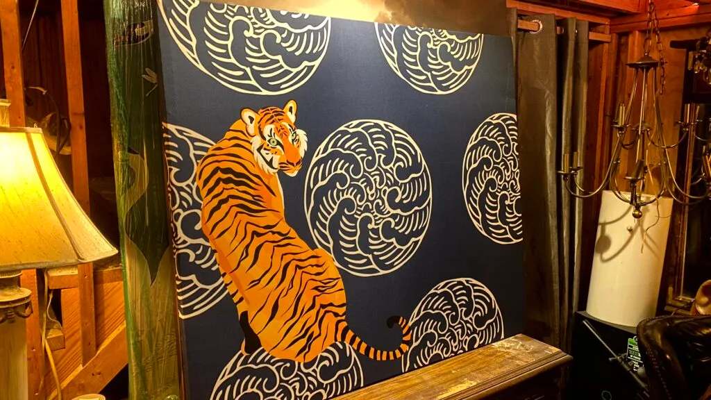 Custom designed large-format fabric art panel featuring a hand-painted tiger mandala motif created in a Memphis studio.