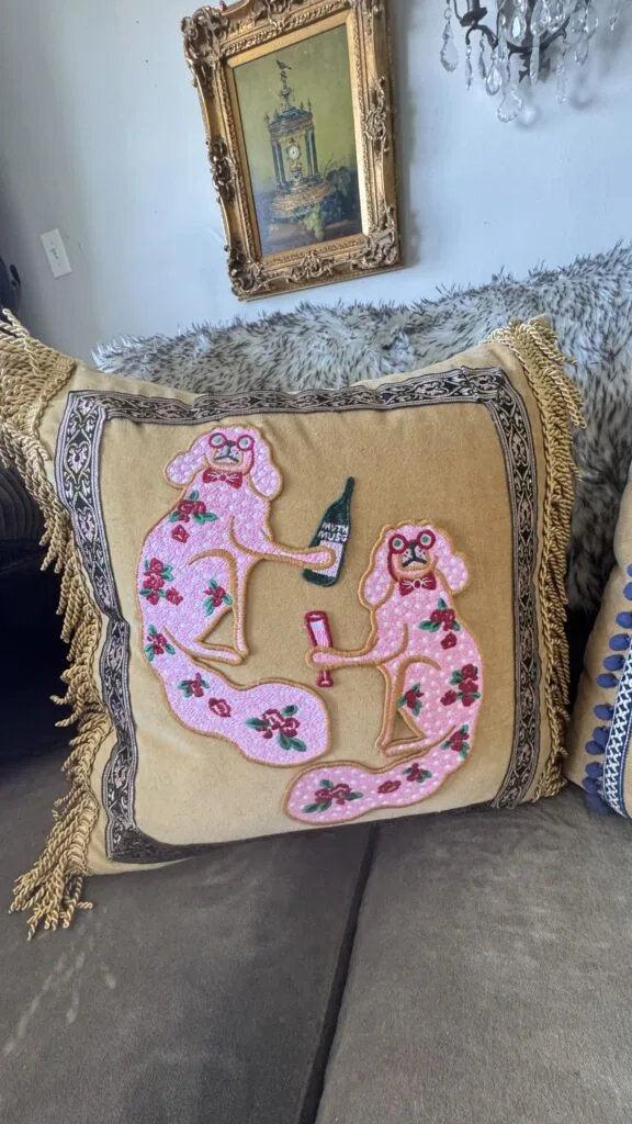 Playful yet sophisticated custom dog portrait motif on a premium velvet accent pillow.