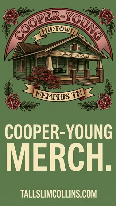 The Memphis Neighborhoods Flash Art Series | TallSlimCollins Merch 4 Cooper-Young Memphis Neighborhood Craftsman t-shirt art featuring architectural details in a flash art style.
