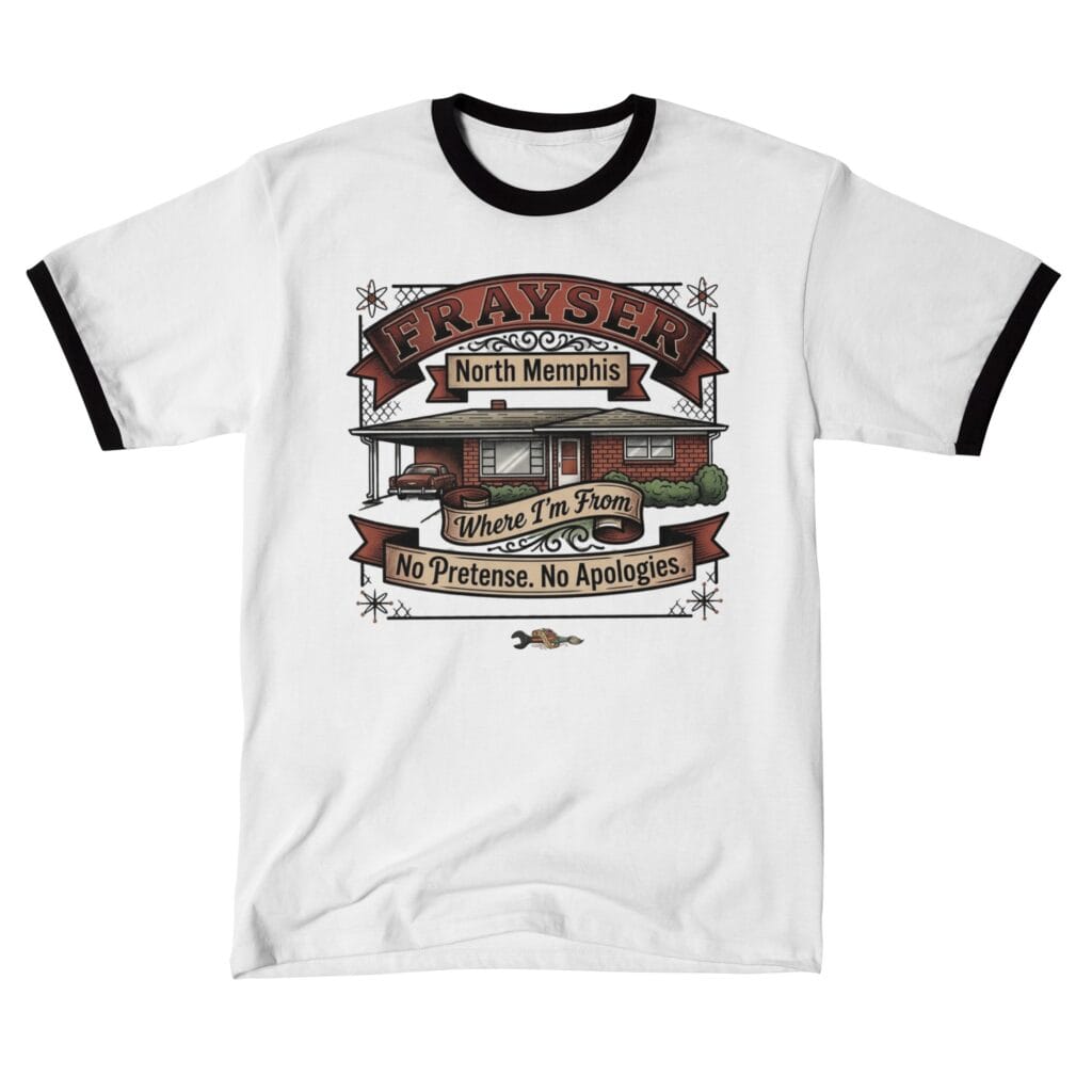 The Memphis Neighborhoods Flash Art Series | TallSlimCollins Merch 7 Frayser Memphis Flash Art design with bold black-and-grey traditional tattoo lettering and a no-nonsense aesthetic.