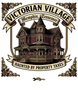 The Memphis Neighborhoods Flash Art Series | TallSlimCollins Merch 8 Victorian Village Memphis "Haunted By Property Taxes" flash art design featuring a historic mansion illustration in a traditional tattoo style.