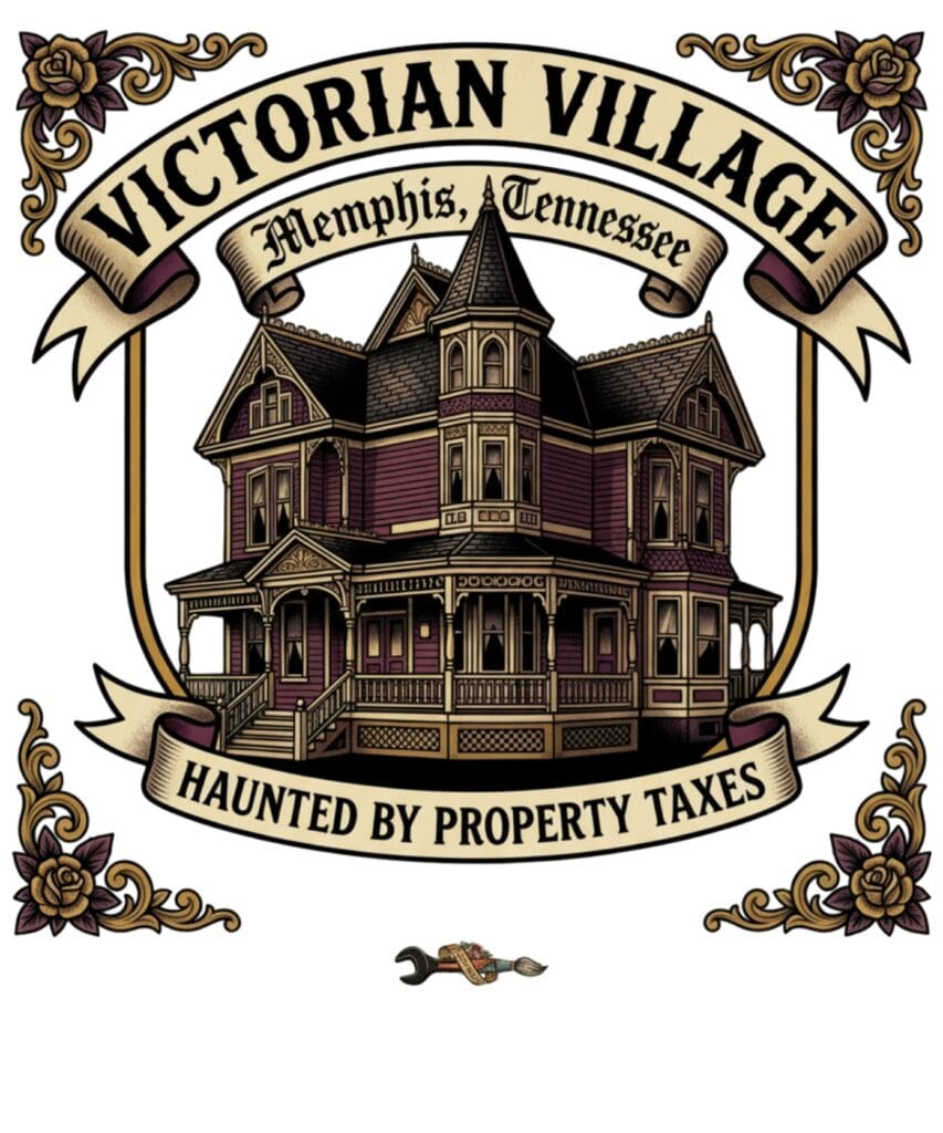 The Memphis Neighborhoods Flash Art Series | TallSlimCollins Merch 8 Victorian Village Memphis "Haunted By Property Taxes" flash art design featuring a historic mansion illustration in a traditional tattoo style.