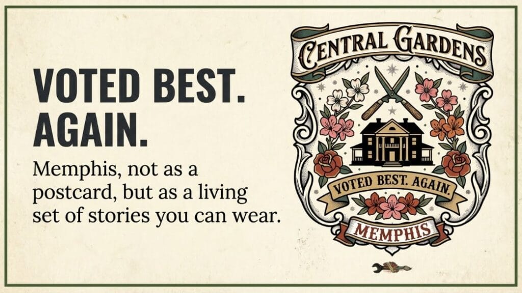The Memphis Neighborhoods Flash Art Series | TallSlimCollins Merch 3 Central Gardens Memphis Flash Art T-Shirt design by TallSlimCollins featuring a traditional tattoo style badge with a ribbon banner and "Voted Best Again" text.