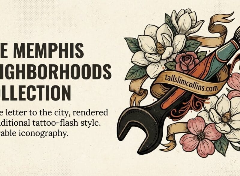 Memphis Neighborhoods Flash Art Series by TallSlimCollins featuring traditional tattoo-style illustrations for Central Gardens, Cooper-Young, Orange Mound, and Victorian Village.
