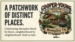 The Memphis Neighborhoods Flash Art Series | TallSlimCollins Merch 5 The Gayborhood Cooper-Young Memphis traditional tattoo style flash art celebrating the local queer community.